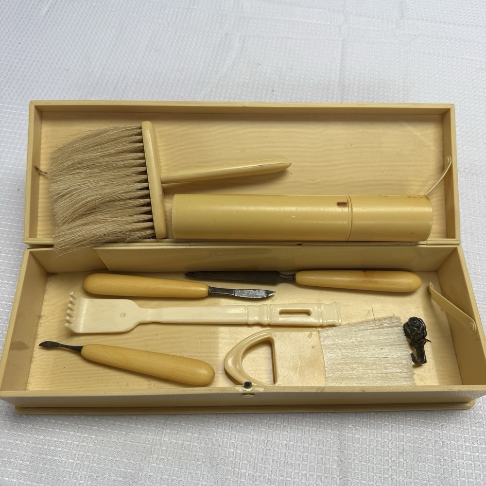 Vintage French Ivory Celluloid Vanity Set Brush Pick Toothbrush Box Set Bathroom